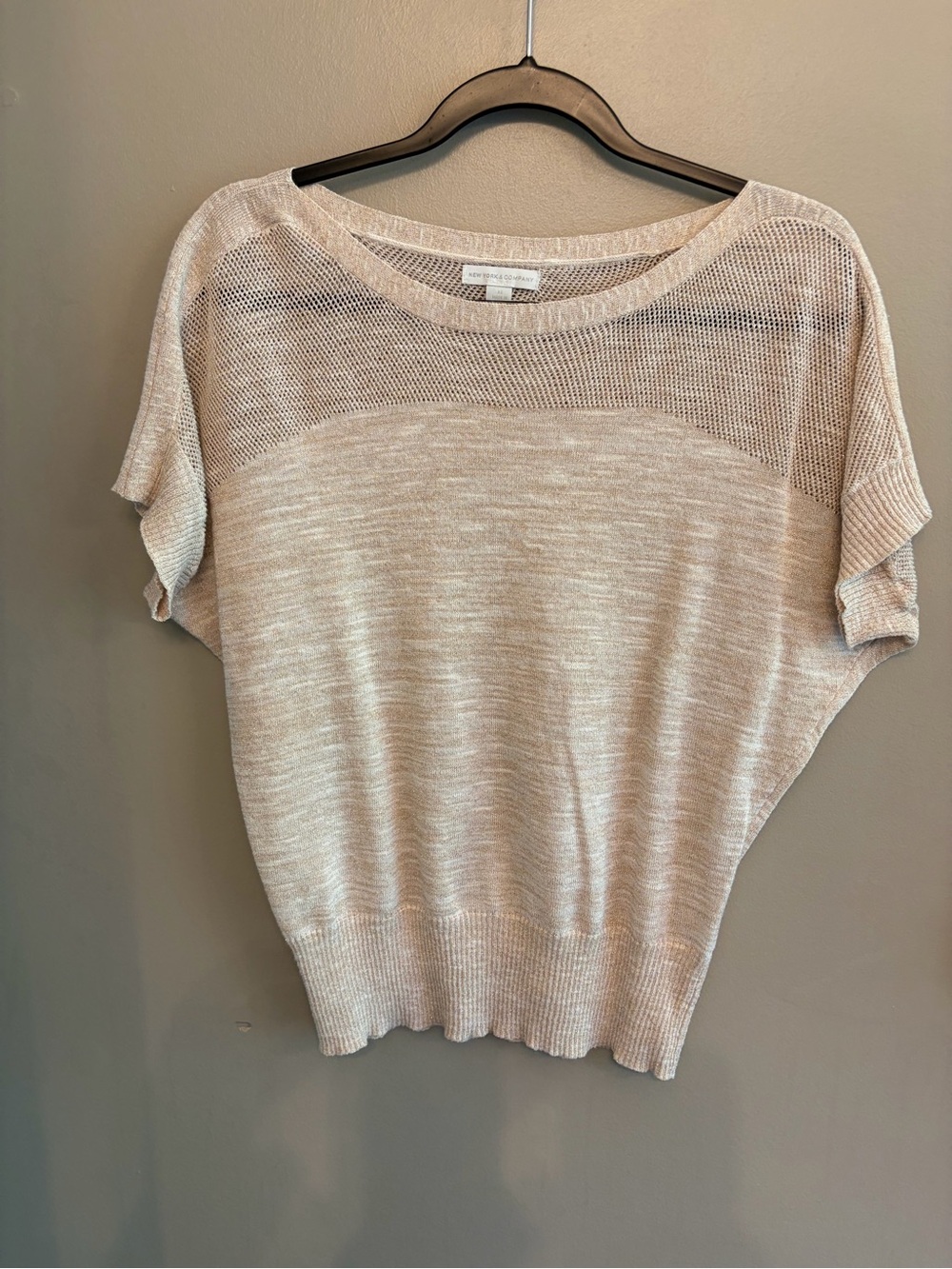 Light Blush Pink Sheer Mesh Panel Sweater Top dolman sleeves XS withgold sparkle